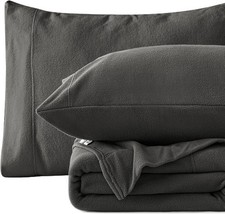 Fleece Queen Sheet Set - 4 Pcs Dark Grey Winter Soft Plush Polar Fleece Bed