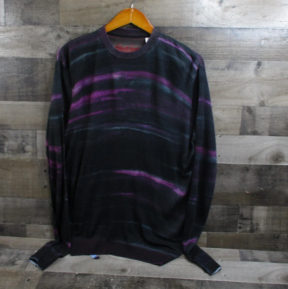 Suéter Robert Graham Para Hombre Mediano Negro Púrpura Lana Cuello Redondo Calce Clásico Rayas Foto 2 de 4