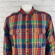 Ralph Lauren Polo Shirt Men's Extra Large Button Up Plaid Colorful Epaulette