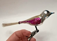 Vintage Mercury Glass Song Bird Clip On Christmas Ornament, 6",  Spun Glass Tail