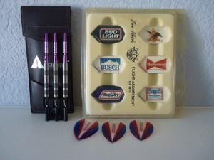 Vtg Accudart Leather Case with (3) Darts & Anheuser-Busch Dart Flight Assortment