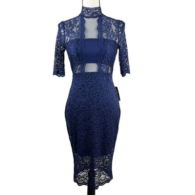 #ad #ad Express Women#x27;s Sheath Dress Size 4 Navy Blue Floral Lace Mock Neck Short Sleeve $29.99