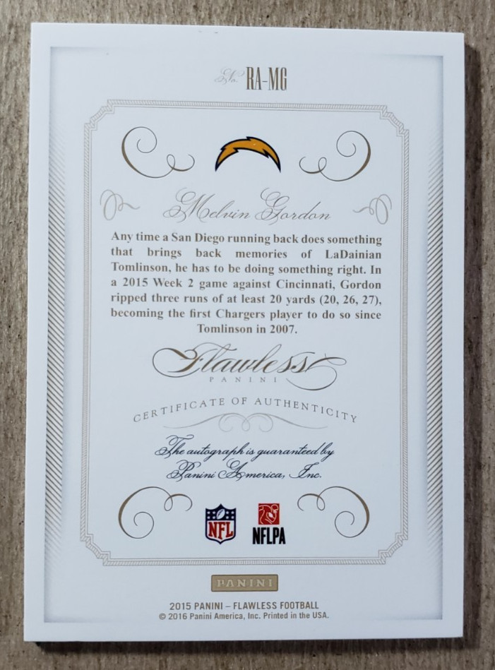 2015 Panini Flawless Melvin Gordon Auto RC 1/1 San Diego Chargers Rookie view 2