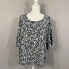 J Jill Womens Petite XLp Gray Paisley Shirt 3/4 Bell Sleeve Cottagecore Modal