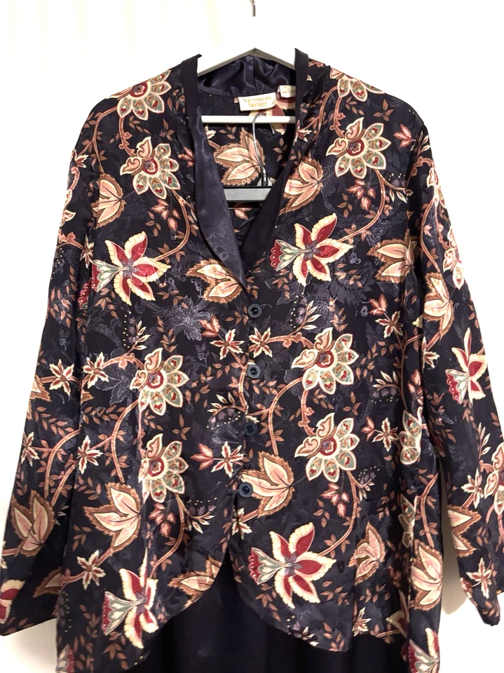 Conjunto Vintage Victoria's Secret Robe Floral e PJ Médio Etiqueta Dourada Calça Azul Top - Imagem 2 de 4
