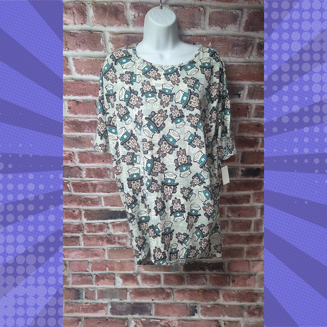 Women’s LuLaRoe Irma Tunic High Low Top Small Uncle Sam Print NWT Blue