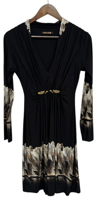 Roberto Cavalli Dress Feather Print Stretch Maxi Size M Black Embellished VTG