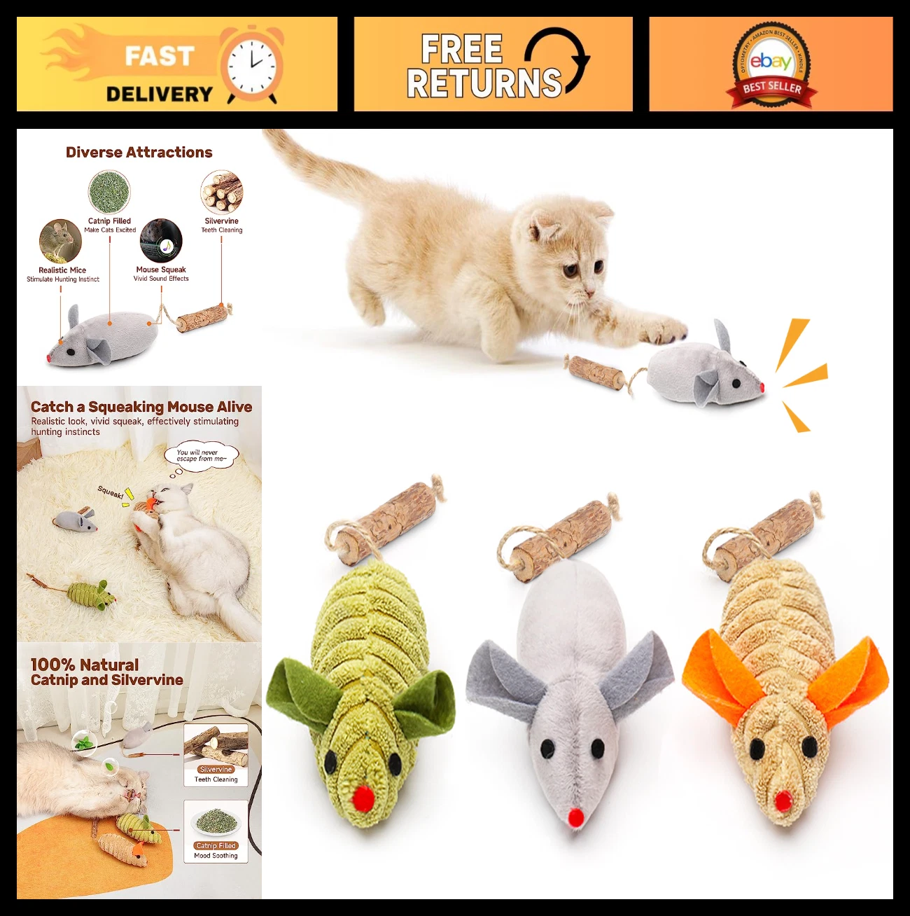 Interactive Catnip Mice Toys - 3pcs Squeaky Silvervine Chew Toys for Kittens