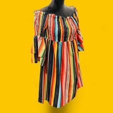 Off Shoulder Western Dress Serape Stripe Boho Festival Rodeo Multicolor Cowgirl