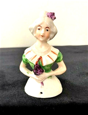 3.63'' Antique GERMAN #8211 Porcelain HALF DOLL Green Dress Holding Purple Posies