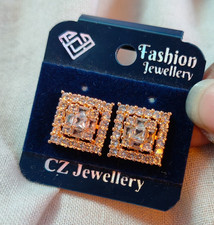 Stunning Square Halo Setting CZ Stone Stud Earrings in Yellow Plated for Women