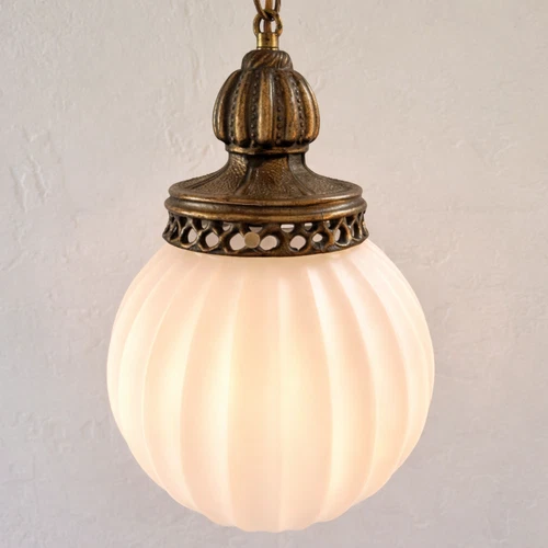 Milk Glass 8" Globe Swag Pendant Lamp Brass Crown Hanging Light Vintage Plug-In