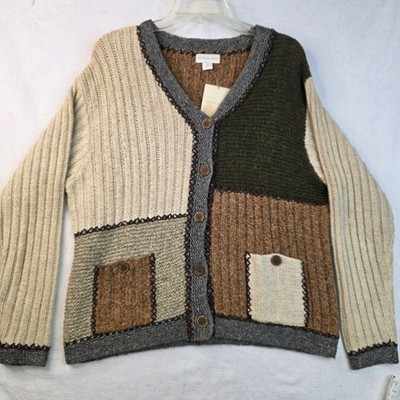 Vintage 90s Northern Isles Patchwork Cardigan M Brown Grey Color Block Oversized