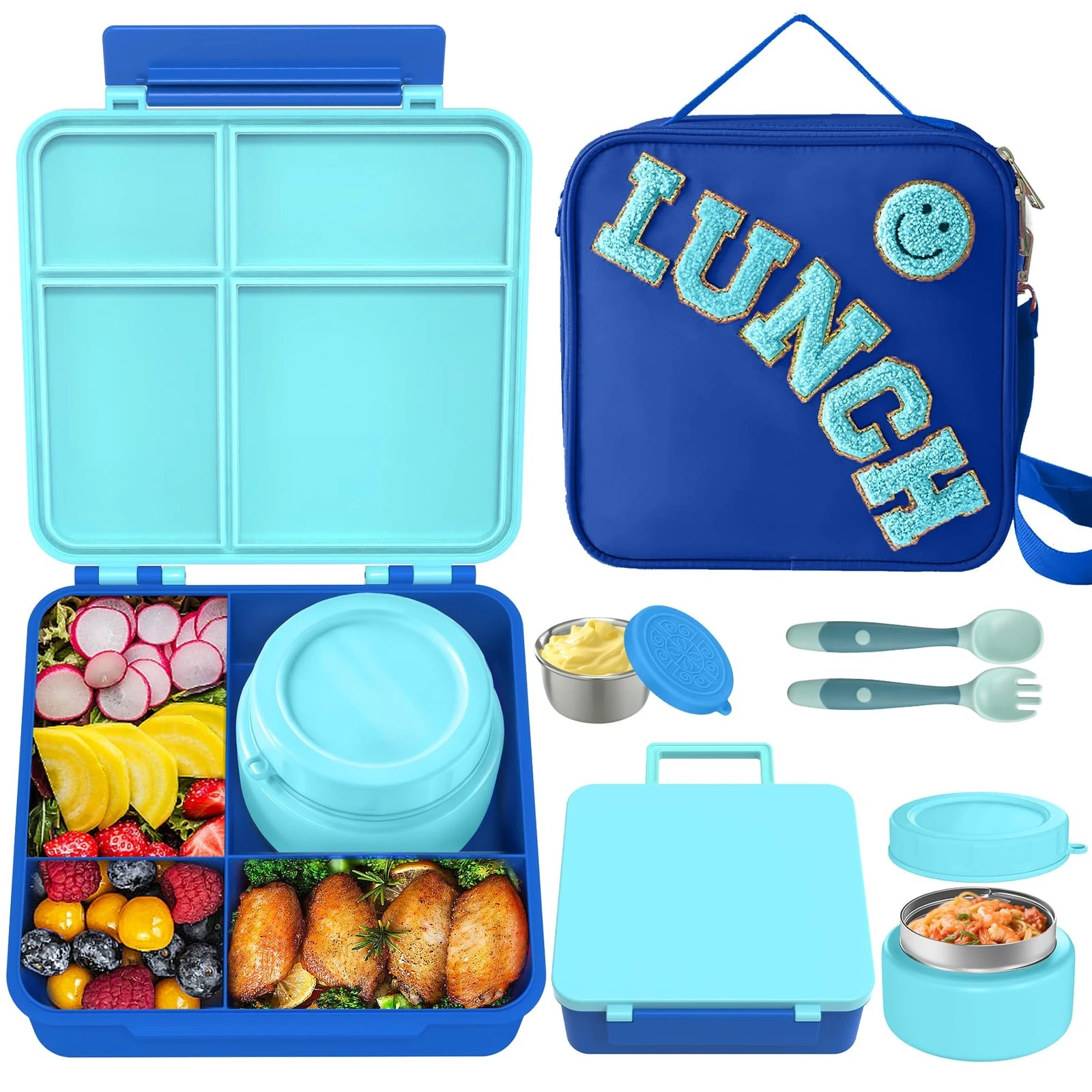 Kids Bento Lunch Box with 8oz Soup Thermo, Kids Leakproof Lunch Food Containe...