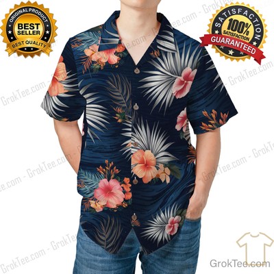 Hawaiian Shirt Navy Blue, Tropical Flowers & Leaves,Aloha Beach Vacation Outfit