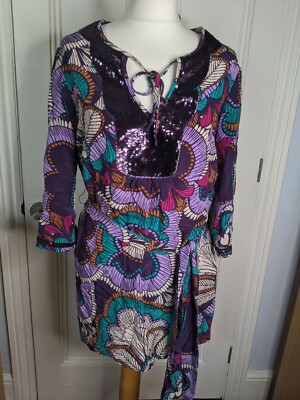 Tunika Top oder Strand Cover Up Gr. 10 100% Seide lila Blumendruck Pailletten zum Binden