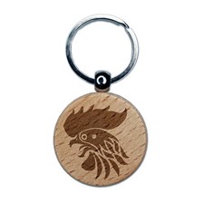 Wild Rooster Head Engraved Wood Round Keychain Tag Charm