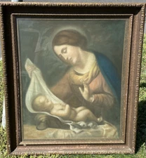 Antique Madonna & Child, Print Deep Well Wooden Frame w/ Glass c. 1900