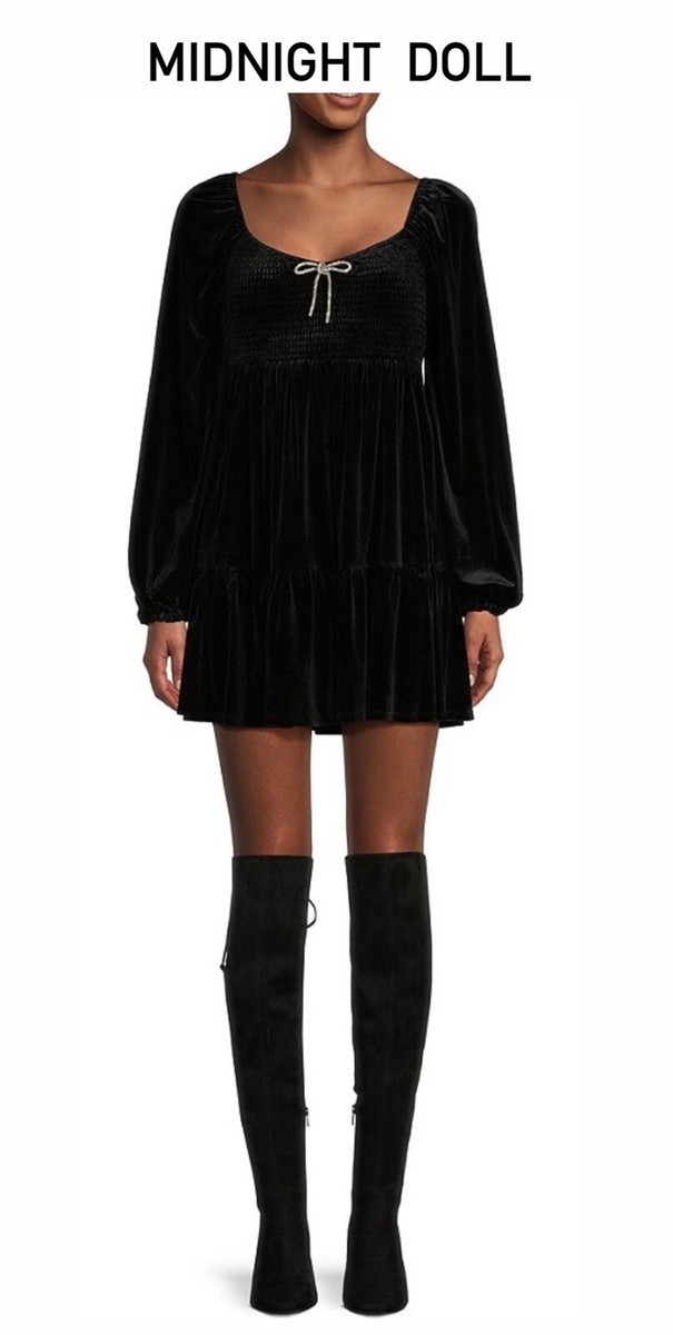 black velvet dress with rhinestone bows Midnight Doll Burnout Bow Front Long Sleeve A- Line Sz S Open-Back Long Satin Prom Maternity Supportwear Velvety soft as it Color:Black Double Cross