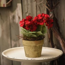 New Primitive RUSTIC RED GERANIUM FLOWER POT Fake Potted Plant 8"