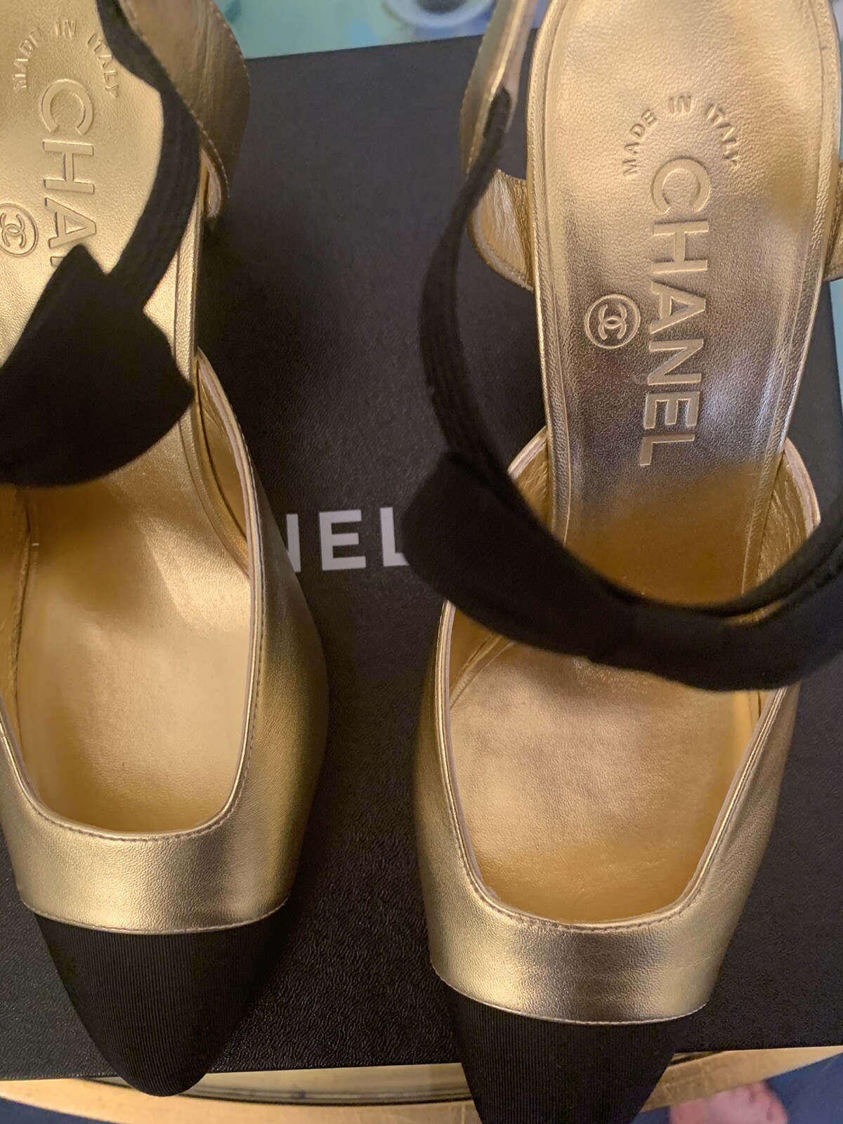 20A CHANEL LOGO Open Pumps Heels with Bow Black/Gold Size 38 New thumbnail 7