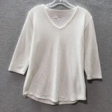 Seg'ments Women Top Small White T-shirt Ribbed 3/4 Sleeve V Neck Pullover READ