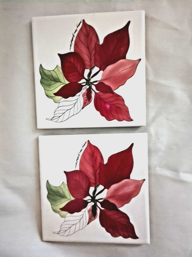 2 Block Poinsettia Tea Tiles Trivets Mary Lou Goertzen Christmas NWT Portugal - Picture 2 of 6