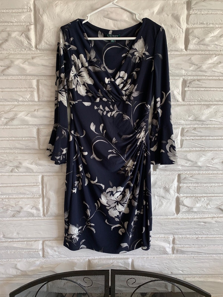 ralph lauren navy blue wrap dress Ralph Lauren NAVY 3/4-Sleeve Ruched Front Jersey Wrap Dress, US 12 Petites
