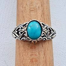 SOUTHWESTERN 925 STERLING SILVER OVAL 8x6 mm.TURQUOISE SCROLL SWIRL RING SIZE AT