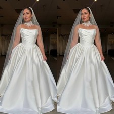 Classic Wedding Dresses Strapless Satin White/Ivory Bridal Gowns Sweep Train