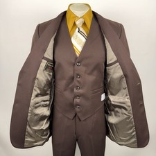 Vtg 70s Leisure Suit 3 Pc Mens 42 Long Jacket 34 Pants Unhemmed Disco Polyester