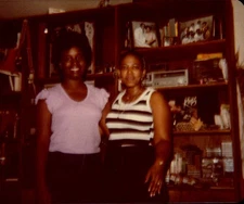 Vintage Found Photograph  1983 Friends Smiling in Living Room with Shelf Decor