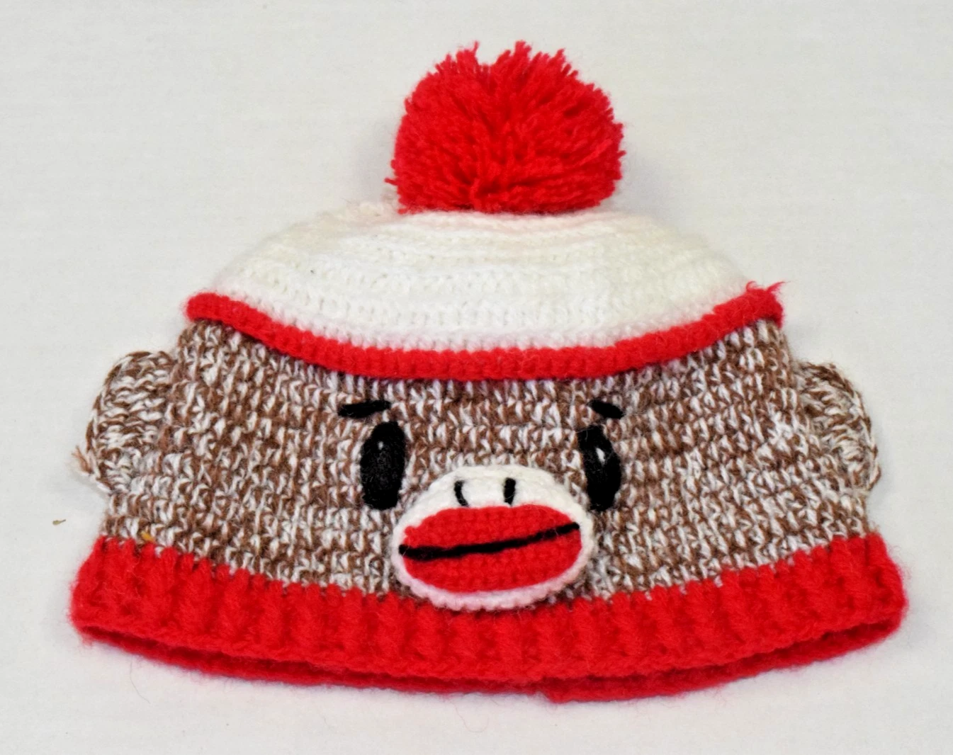 Vintage Baby Knit Beanie Hat DayLee Design 0-6MOS 90s Sock Puppet Monkey Pom