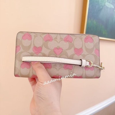 NWT Coach Long Zip Around Wallet In Signature Canvas With Heart
