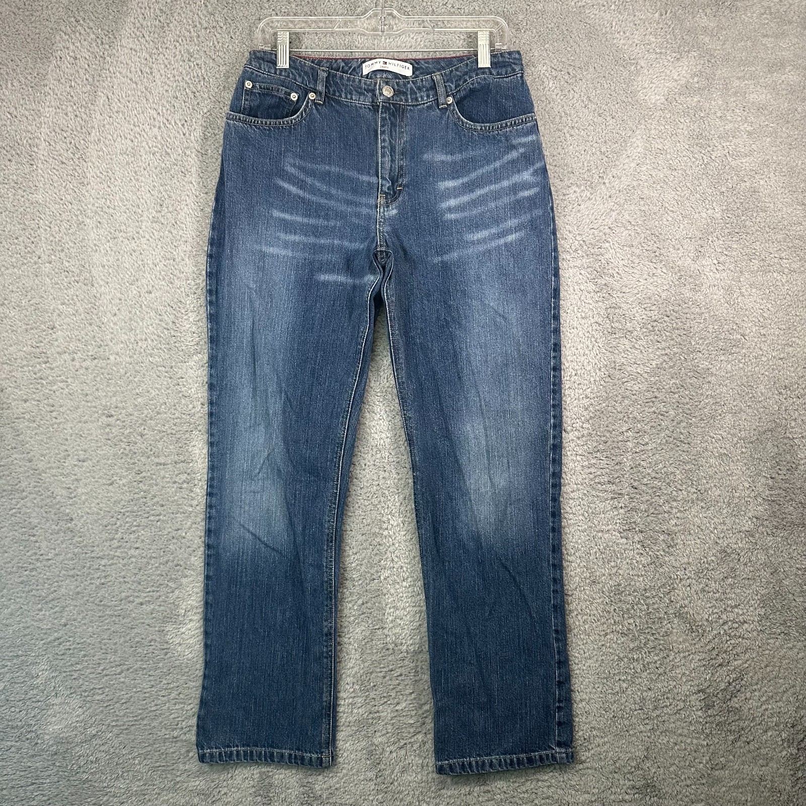 Vintage Tommy Hilfiger Jeans Womens 31 Dark Blue Denim Flag Patch Straight Leg