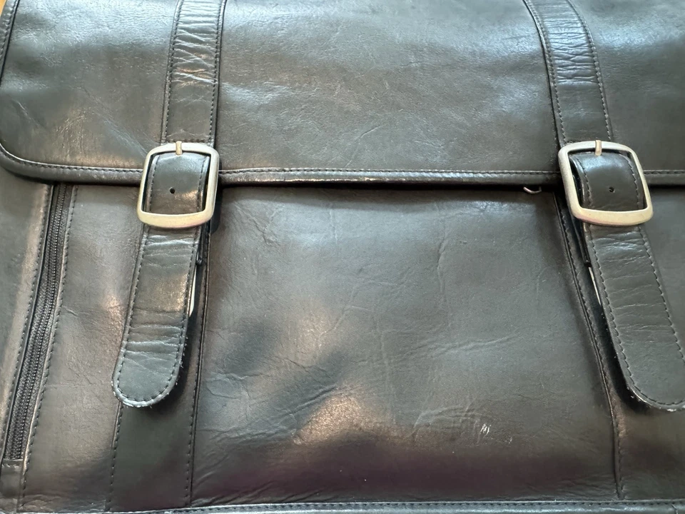 De Colección Negro Cuero Genuino Maletín Bolso Doble Hebilla Correa para el Hombro Bolsillos Foto 3 de 4