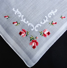 Vintage Swiss l Embroidery Linen Hanky 12" Red Roses, Shadow Scrolls Hand Work
