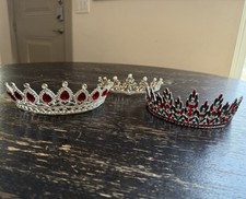 Kids lot of 3 Rhinestone Tiara Red Crystal, Pearl Gold  Green Statement Crowns