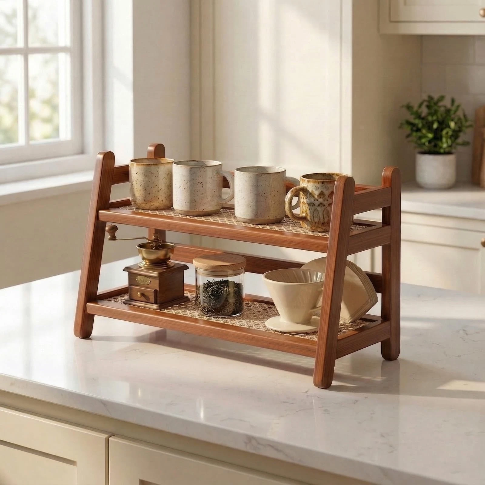 Bamboo 2-Tier Coffee Station Organizer, 14.6"×6.7"×10.6" Countertop Organizer...