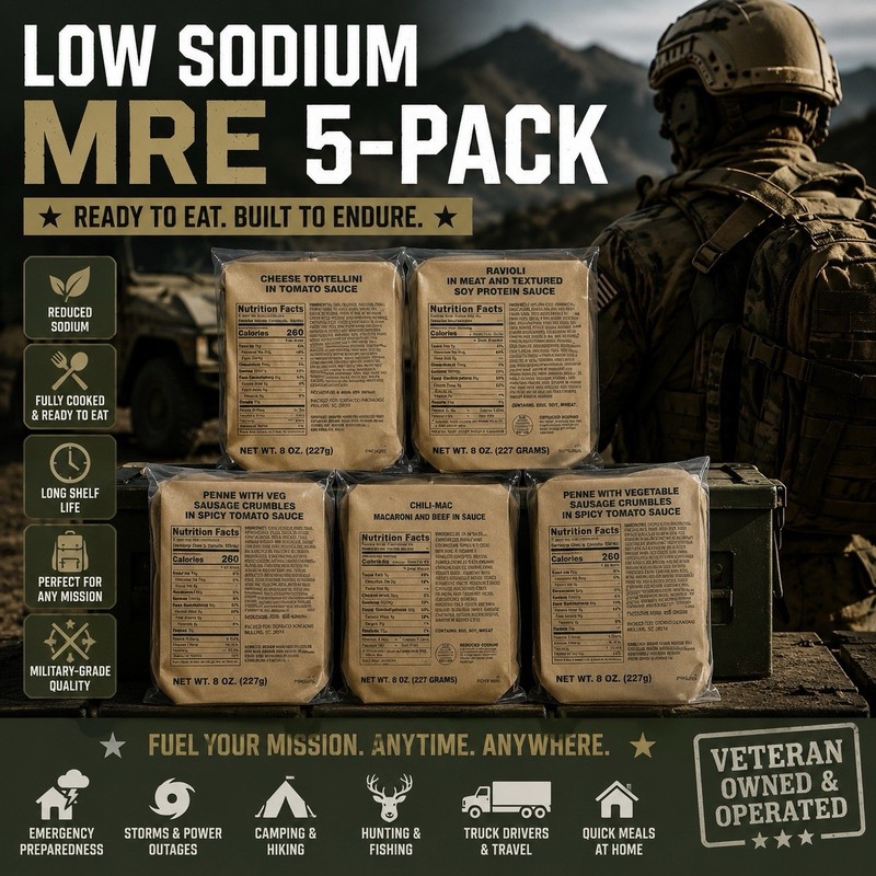 Low Sodium Ready-To-Eat MRE 5-Pack Random Menus 