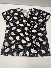 Women's Scrub Top Size Medium Black Stretch Halloween Ghost Print