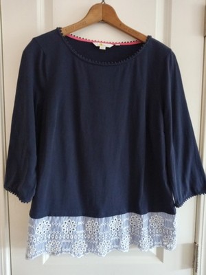 Boden Women Knit Top 10 Navy Blue Broderie Eyelet Lace Hem 3/4 Sleeve Blouse