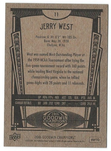 Jerry West 2015 Upper Deck Goodwin Champions #11 Basketball Card - Picture 2 of 2