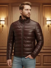 Men’s Brown Leather Puffer Jacket Genuine Lambskin Winter Coat