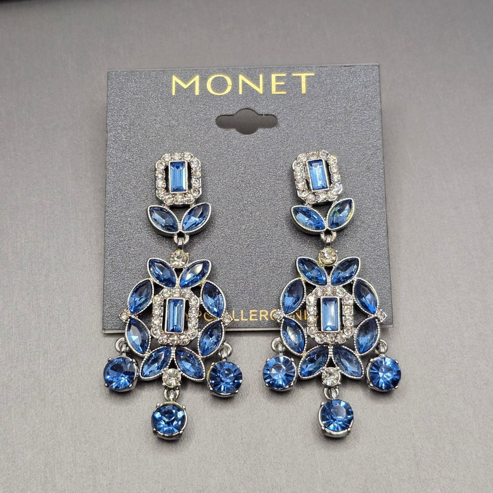 Monet Blue Chandelier Earrings Silver Tone Crystal Rhinestone Wedding Event 2.5