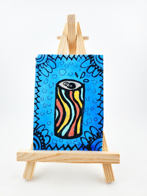ACEO Original Mixed Media Soda, Can, Drink, Sparkly Bev By Vanessa S. 2.5"×3.5"