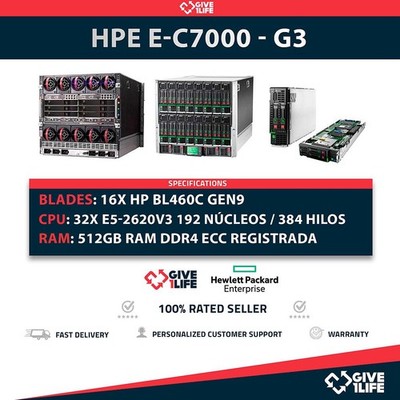 Chassis HP E-C7000 G3 + 16 x Blades BL460C Gen9 E5-2620 V3 512GB RAM 192CO/38...