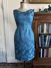 Vintage 1950s Blue Silver Brocade Wiggle Dress Cocktail Party Formal 29W