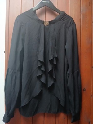 Biba Black Ruffle Blouse Top with Gold Iconic Buckle Detail  Size 16