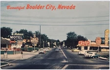 Boulder City Nevada Postcard Motel Chevys Cafe Vintage Street View